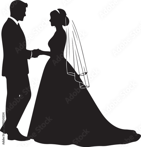 Black silhouette of bride and groom holding hands wedding