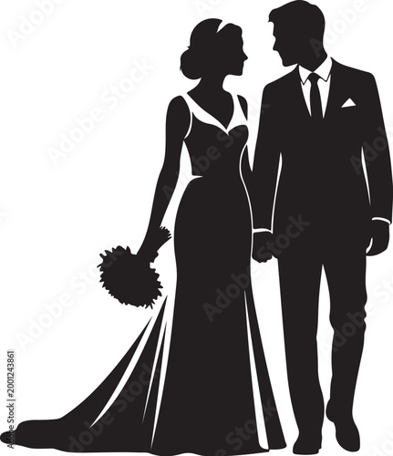 Black silhouette of bride and groom holding hands wedding