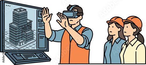 VR architecture design vector illustration showing a professional engineer using a virtual reality headset to review building plans with his female colleagues wearing safety helmets in a modern constr