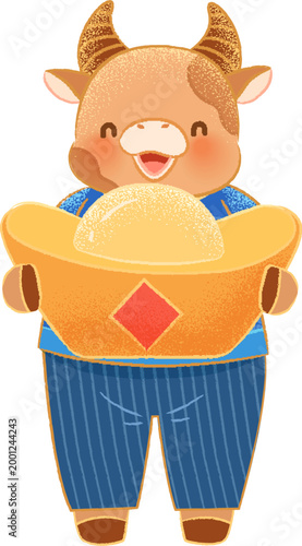 Cute cow holds a golden ingot