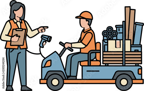 Warehouse workers vector illustration showing a logistics manager and driver operating a small cargo vehicle loaded with industrial building supplies and boxes for delivery services in a modern distri