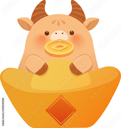 Cute cow holds a golden ingot