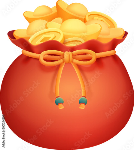 Traditional red bag with ingots and coins
