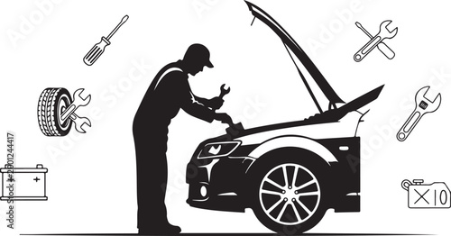 Black silhouette of mechanic checking car engine with tools