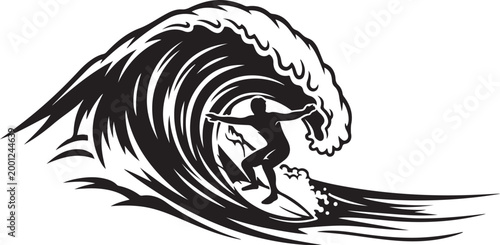 Black silhouette surfer riding large wave on surfboard