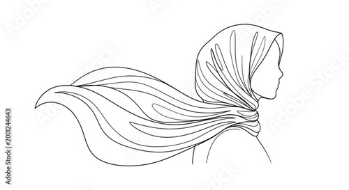 Minimalist Line Art of a Woman with Flowing Scarf, Gracefully Blowing in the Wind