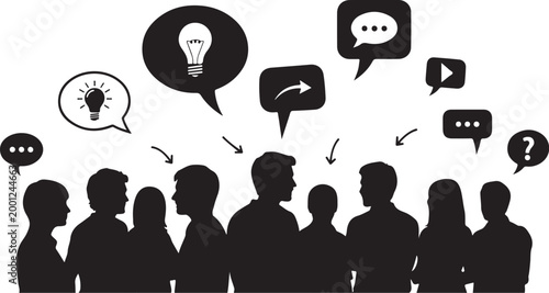 Black silhouettes of people with speech bubbles and chat
