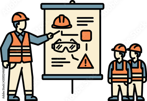 Construction safety presentation vector illustration featuring a professional foreman explaining protective equipment requirements and hazard protocols on a large display board to attentive workers we