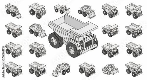 Photos Collection of isometric construction vehicles and heavy machinery, including dump trucks and excavators, isolated on a white background