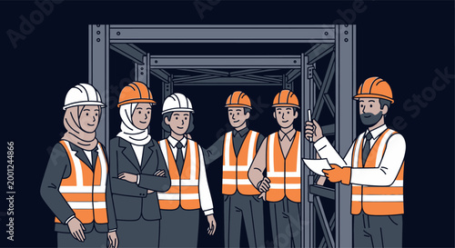 Construction engineers team vector illustration featuring a group of professional workers wearing protective safety helmets and orange high visibility reflective vests while standing inside a modern s
