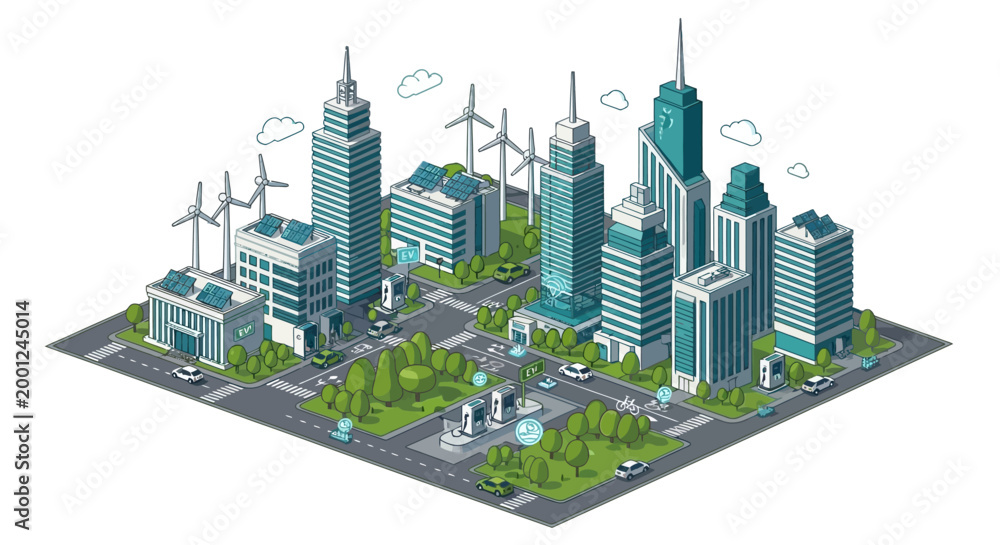 Obraz premium Sustainable cityscape with skyscrapers and wind turbines in a green environment