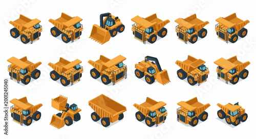 Φωτογραφία Collection of isometric yellow construction vehicles including dump trucks and excavators on a white background