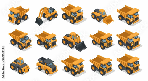 Billede på lærred Collection of isometric construction vehicles and heavy machinery on a white background