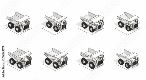 Collection of isometric dump trucks in a grid pattern, representing industrial vehicles and logistics.