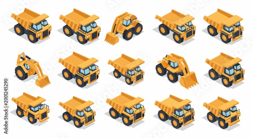 Collection of isometric construction vehicles including dump trucks and excavators on a white background.