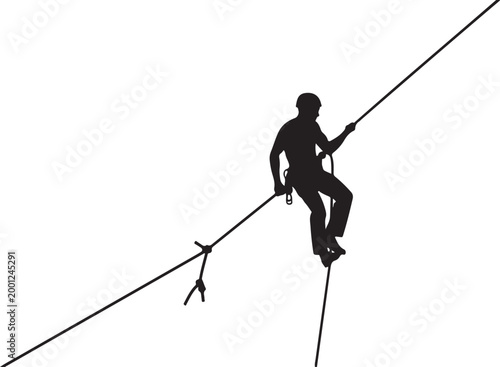 Man climbing rope with safety gear silhouette black