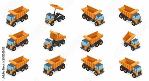 Collection of isometric dump trucks in various poses and configurations, isolated on white background.