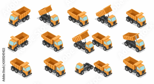 Collection of isometric dump trucks in various poses and states of operation, isolated on a white background.