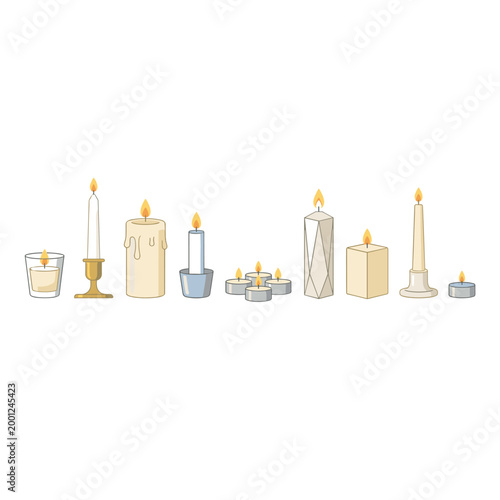 Collection of nine lit candles in various shapes and holders