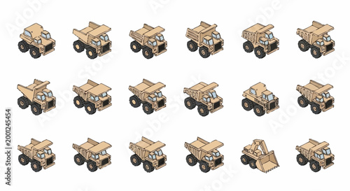 Collection of cartoon dump trucks and construction vehicles in isometric view.