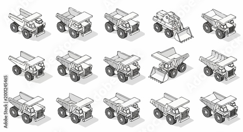 Collection of Isometric Construction Vehicles and Trucks in Various Poses.