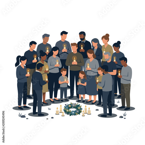 Diverse group holding candles in a vigil around a wreath