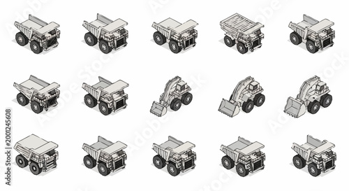 Collection of isometric dump trucks and excavators in various poses, representing construction and mining vehicles.