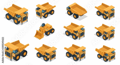 Collection of isometric yellow dump trucks and a loader on a white background.