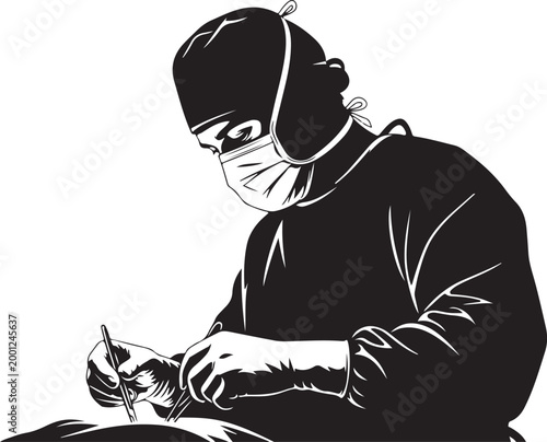 Surgeon in surgical mask and cap performing operation gloves