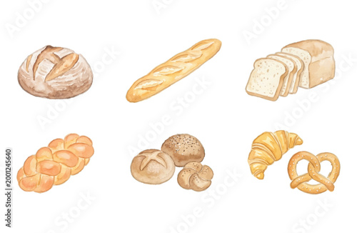 Watercolor Bread and Bakery Icon Set on White Background