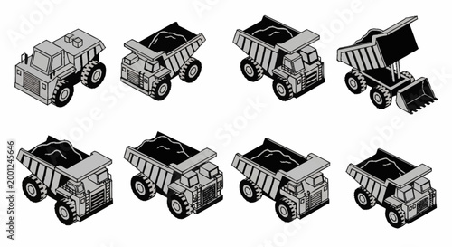 Collection of isometric dump trucks in various states of operation, isolated on white background.