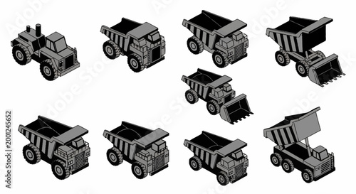 Collection of isometric construction vehicles including dump trucks and excavators in grayscale.