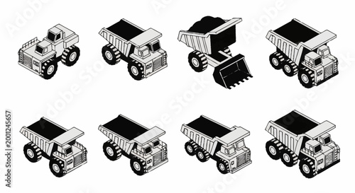 Collection of isometric dump trucks and construction vehicles in black and white illustration style.