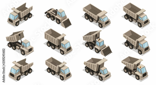 Collection of isometric construction vehicles including dump trucks and loaders in various poses and actions.