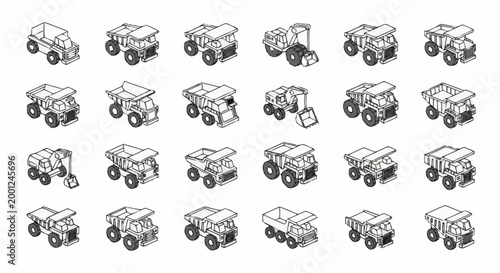 Collection of isometric line art illustrations of various construction and mining vehicles, including dump trucks and excavators.