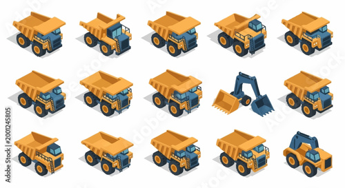 Collection of isometric construction vehicles including dump trucks and excavators, isolated on white background.