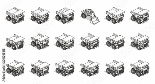 Collection of isometric dump trucks in various poses and configurations, isolated on a white background.