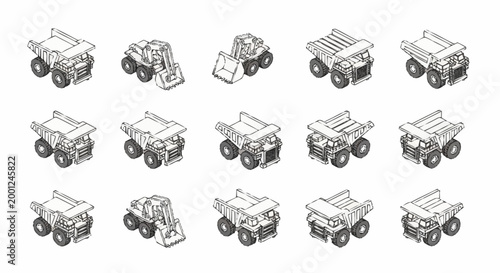 Collection of isometric line art illustrations of mining and construction vehicles.