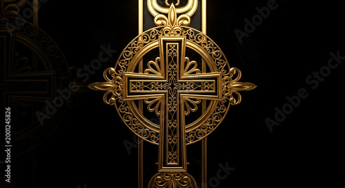 Ornate Golden Christian Cross Symbol with Intricate Filigree Detail on Black Background