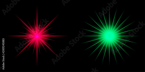 Dual starbursts a vibrant red and emerald green explosion of light against a dark background