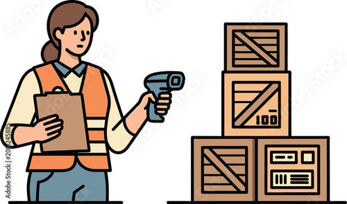 Warehouse worker vector illustration showing a female logistics professional using a barcode scanner to inspect cardboard shipping crates inside a distribution center facility for supply chain managem