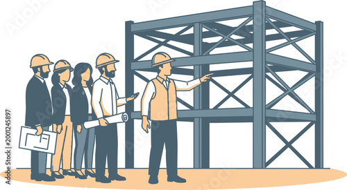 Construction team members standing together with an engineer pointing at a steel building framework structure for a commercial development project in this professional vector illustration depicting co