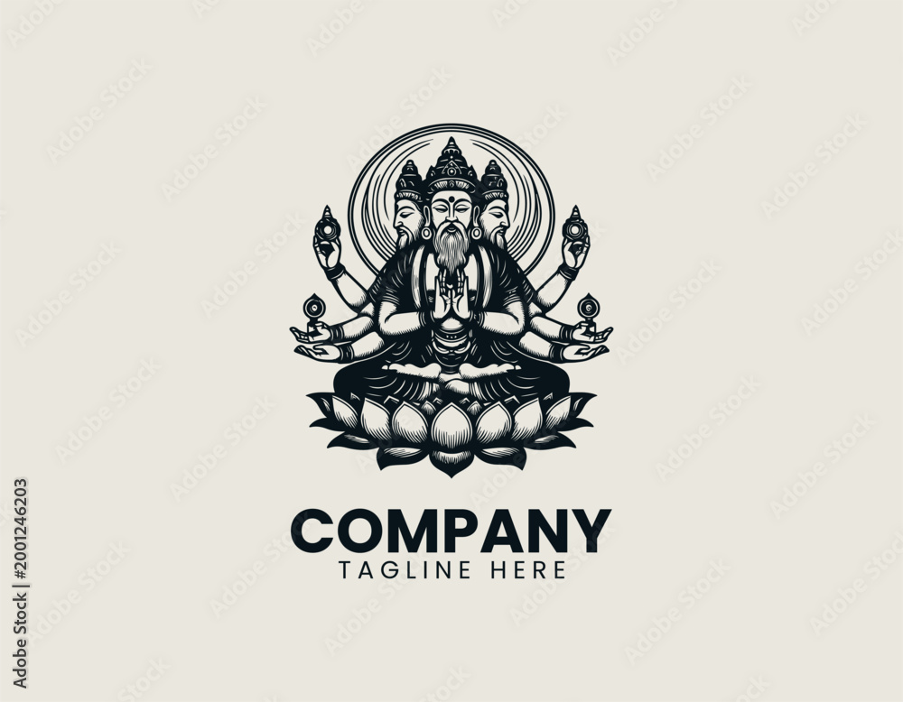 Fototapeta premium A three faced deity is illustrated seated on lotus sacred minimalist black vector design