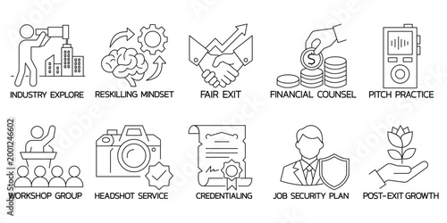 Outplacement support icons financial counsel pitch practice job security post exit growth.Editable stroke, Vector illustration, Line art Icon, Symbols.	