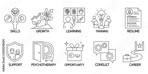 Career development icons skills growth learning training resume support psychotherapy consult.Editable stroke, Vector illustration, Line art Icon, Symbols.	