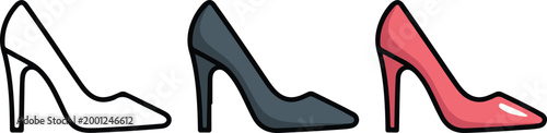 Elegant high heel stiletto pump shoe icon set in outline silhouette and pink colors for fashion retail footwear shop and glamour lifestyle flat vector illustration