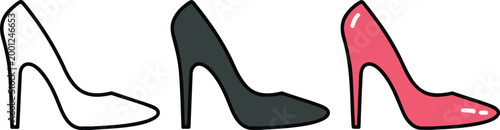 Elegant high heel stiletto pump shoe icon set in outline silhouette and pink colors for fashion retail footwear shop and glamour lifestyle flat vector illustration