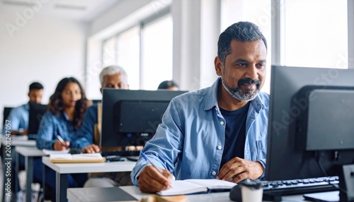 Man Working on Computer in Office Environment.
