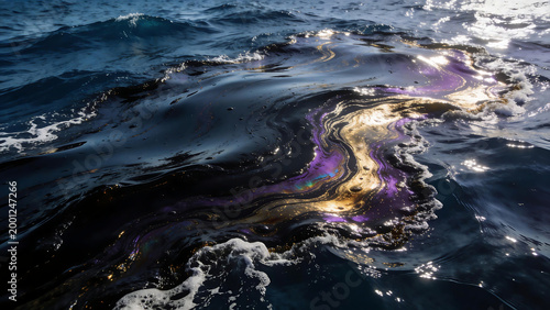 Iridescent oil spill on the ocean water surface with sunlight reflections