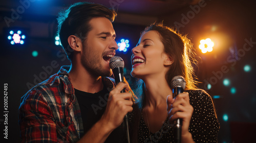 Happy couple singing karaoke together with microphones under colorful stage lights